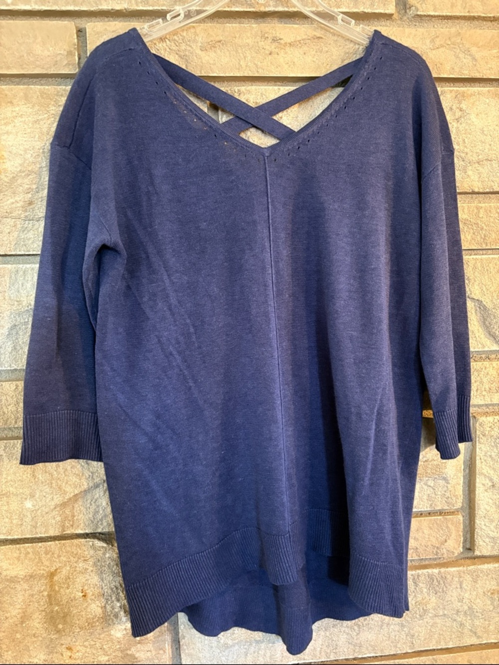 Chico's Dark Blue V-Neck Crisscross Back Top